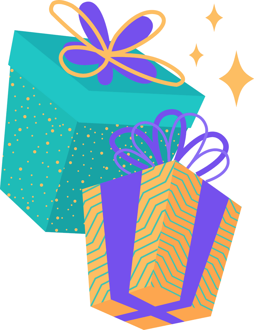 Elegant Gift Boxes with Gold Bows and Purple Ribbons on Transparent Background