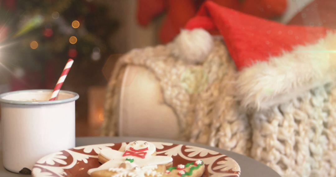 Cozy Christmas Setting with Hot Chocolate and Gingerbread Man