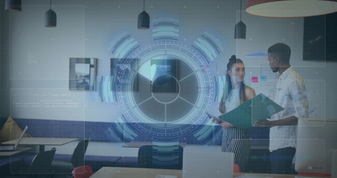 Coworkers Reviewing Project Files with Augmented Reality HUD Overlay in Modern Office