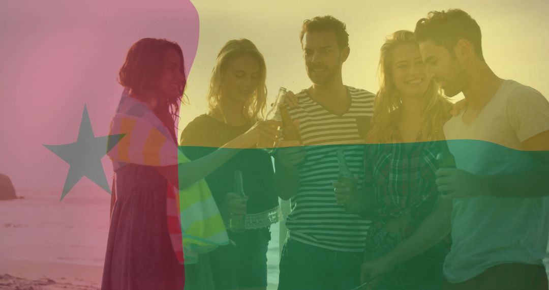 Friends Toasting on Beach with Overlay of Guadeloupe Flag