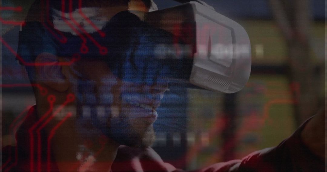 Person Engaging with VR Headset in High-Tech Environment