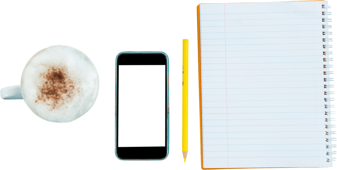 Transparent Workspace Essentials: Coffee, Phone, Notepad, and Pencil