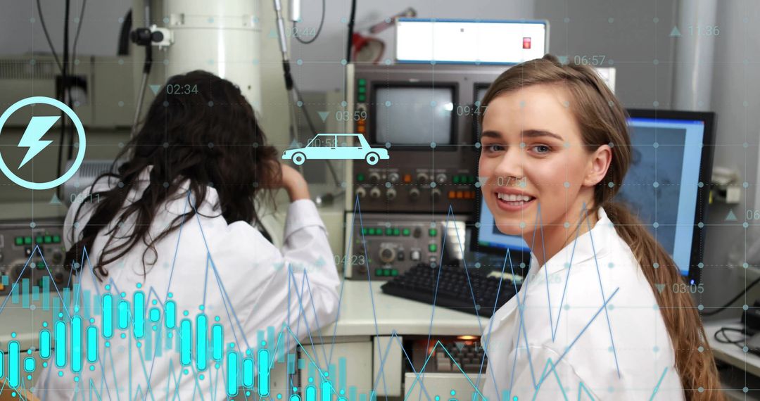 Diverse Female Scientists Analyzing Data with High-Tech Instruments