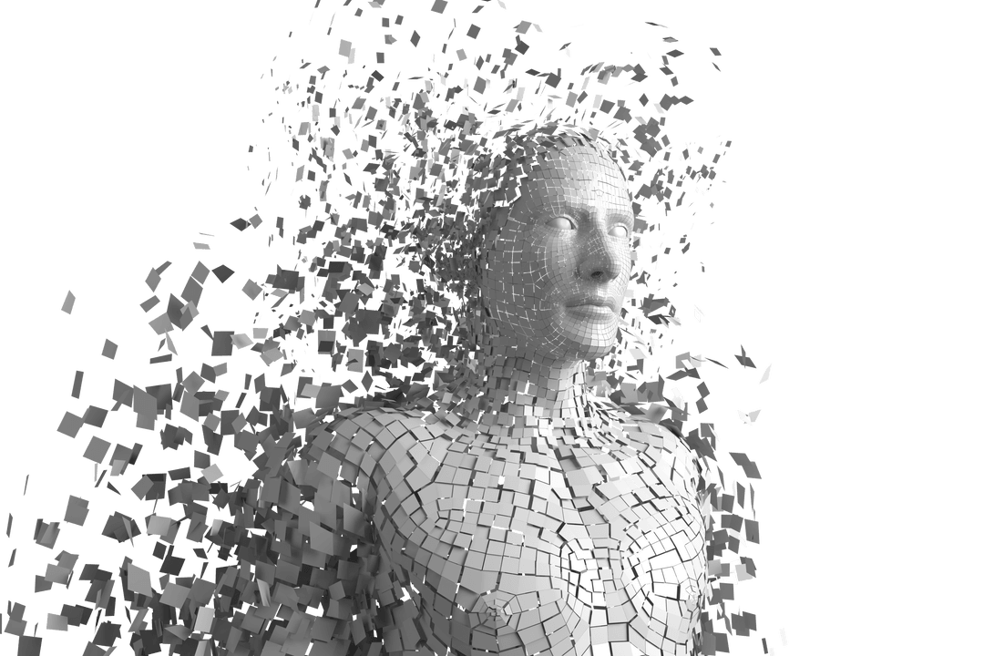 3D Model Disintegrating Human Figure on Transparent Background