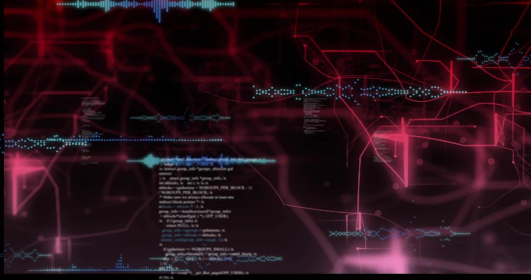 Neon cyber network displaying floating code, cyan waveforms and magenta data traces