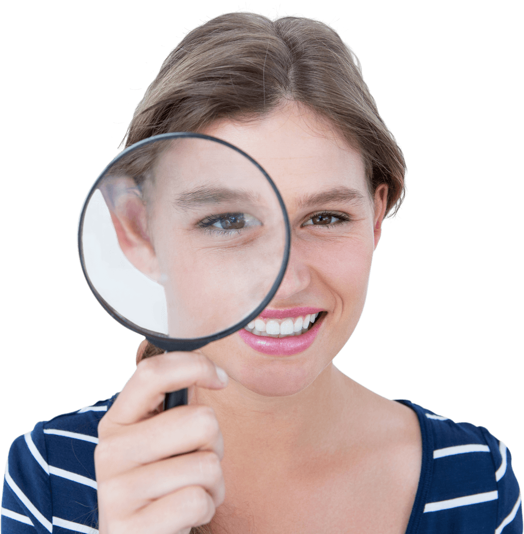 Transparent View of Smiling Woman with Magnifying Glass