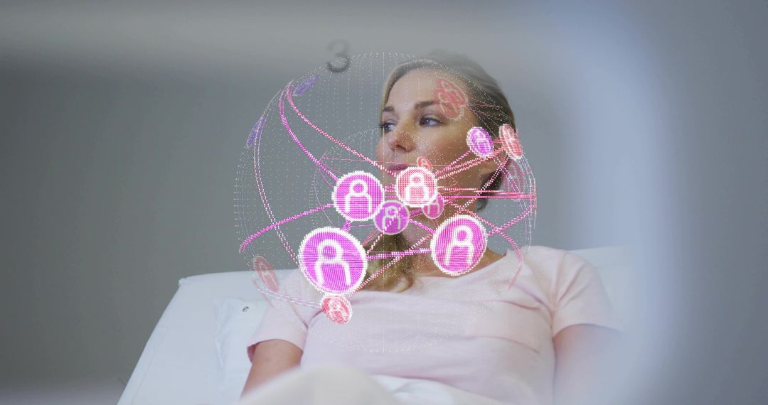 Mature woman reclining with holographic network globe projecting digital connectivity