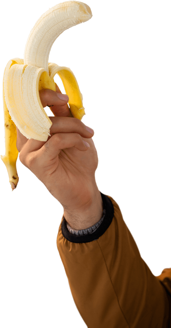 Peeled Banana Held by Transparent-Isolated Hand in Orange Sleeve