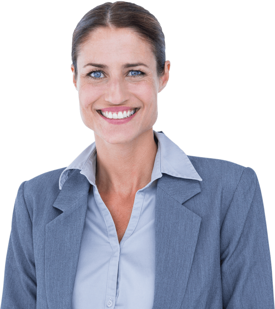 Transparent Smiling Businesswoman in Professional Attire