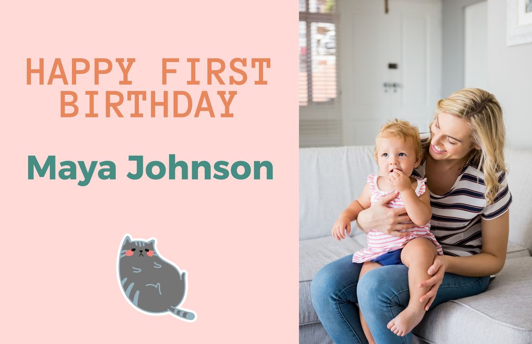First Birthday Invitation With Mother Holding Baby On Couch - Download Free Stock Templates Pikwizard.com