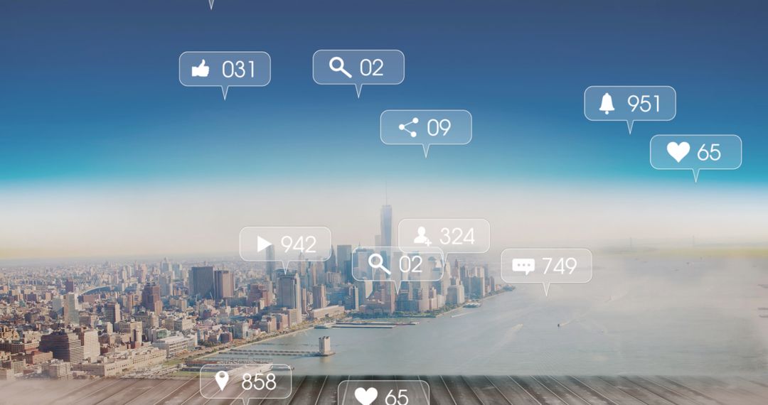 Digitally Generated Network Icons Overlaying Urban Skyline