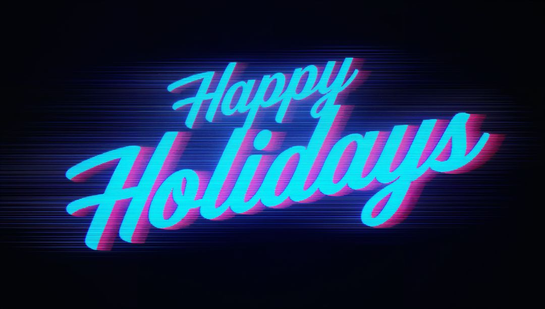 Neon Retro Happy Holidays Script with Cyan Magenta Glitch and Synthwave Glow