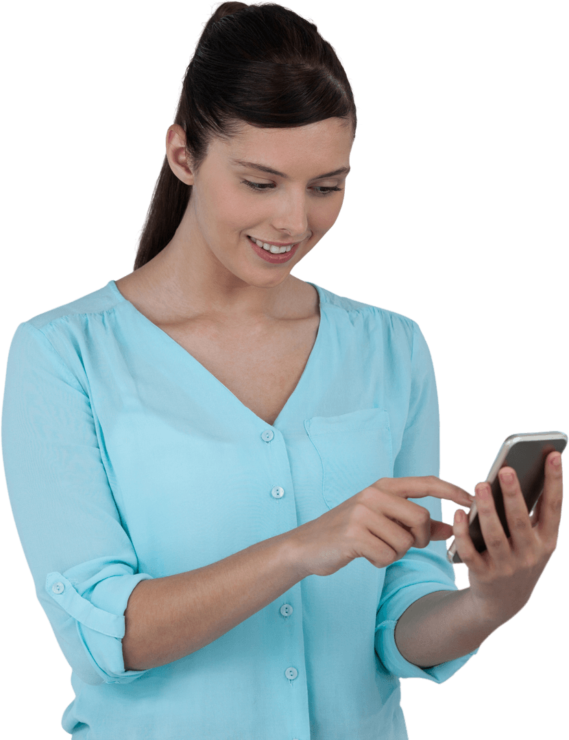 Transparent Image of Businesswoman Using Mobile Phone Smiling
