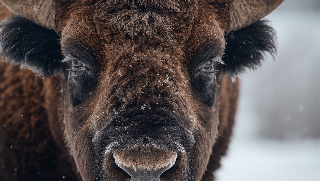 Staring Bison Closeup Frosted Muzzle Horns Snowy Winter Landscape Intense Portrait