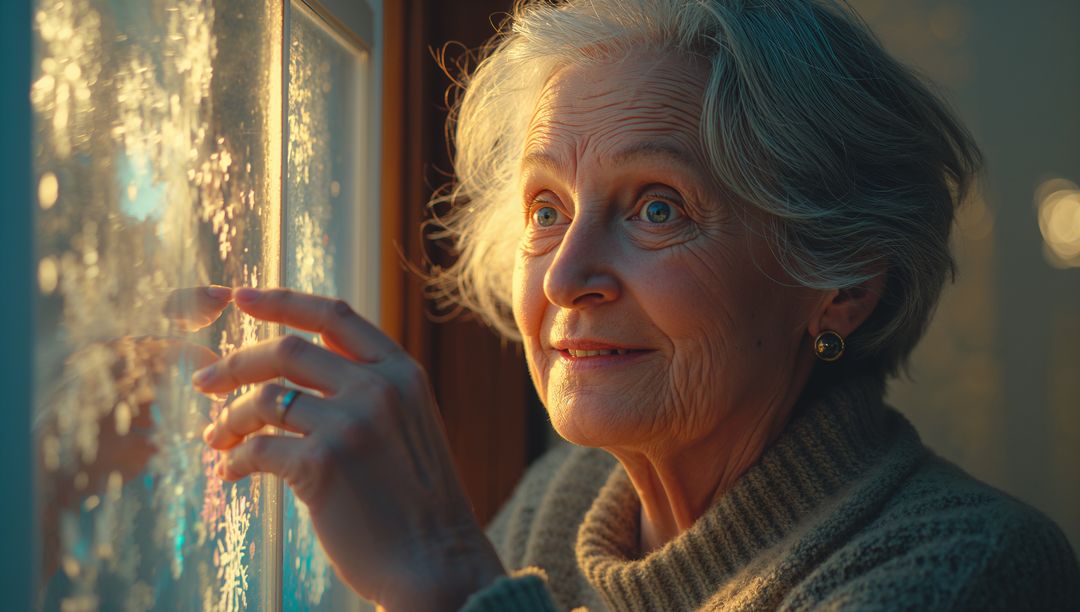 Woman Admiring Frost on Window Conveying Winter Nostalgia