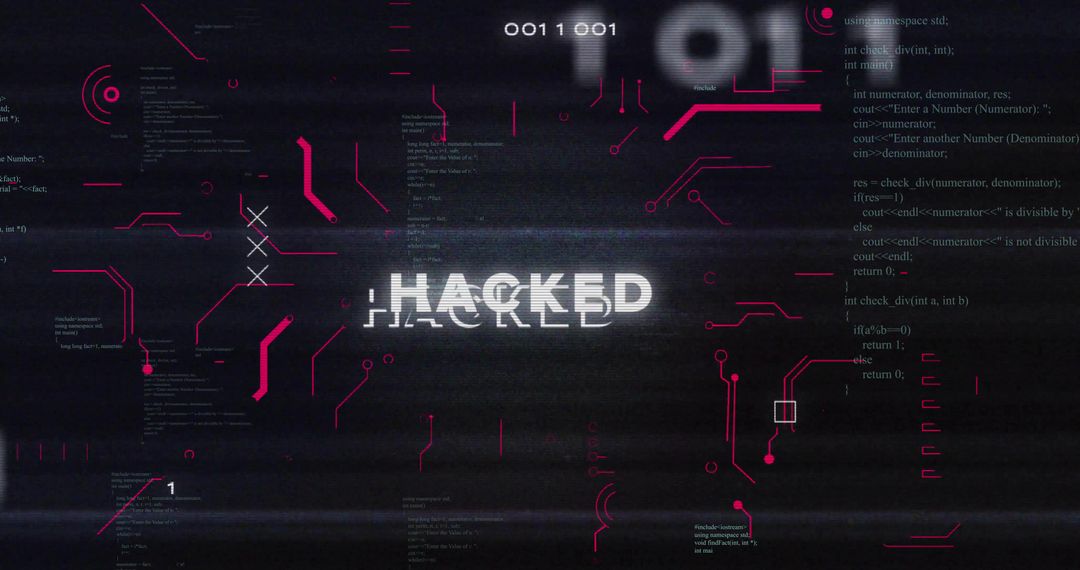 Glitching HACKED Alert on Futuristic Cyber HUD with Magenta Circuitry, Binary, Code
