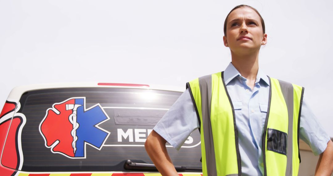 Confident Female Paramedic Standing in Front of Ambulance - Free Images, Stock Photos and Pictures on Pikwizard.com