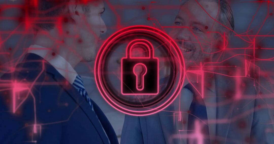 Business Professionals Discussing Cybersecurity with Digital Padlock Overlay