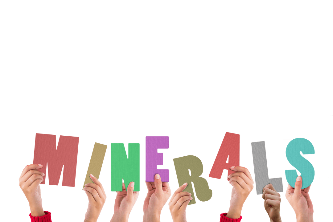 Hands Holding Colorful Minerals Letters on Transparent Background