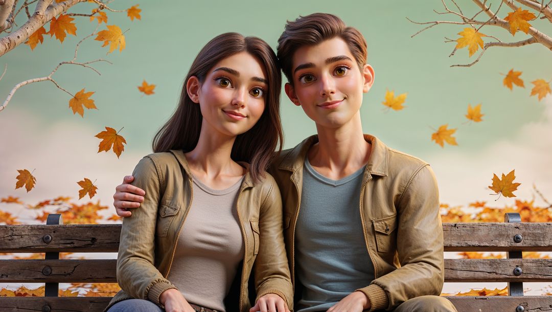 Autumn romance of animated cute couple sitting on park bench