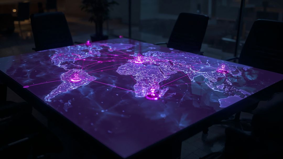 Futuristic Holographic World Map Display in Dark Boardroom