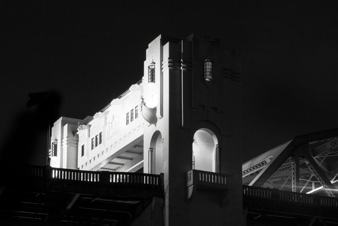 Illuminated Bridge Tower at Night in Black and White - Free Images, Stock Photos and Pictures on Pikwizard.com
