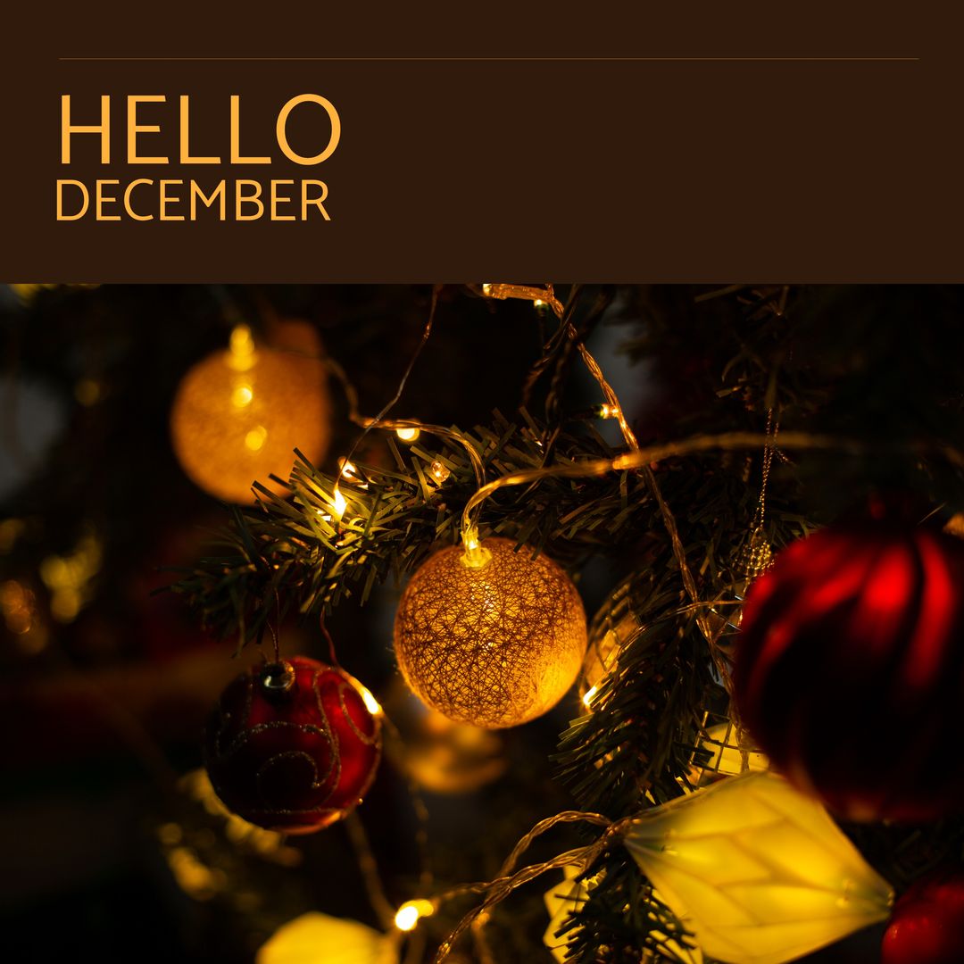 Composition of hello december text over christmas baubles - Download Free Stock Templates Pikwizard.com