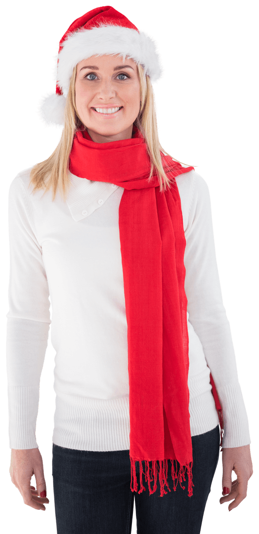Smiling Woman in Santa Hat with Red Scarf on Transparent Background