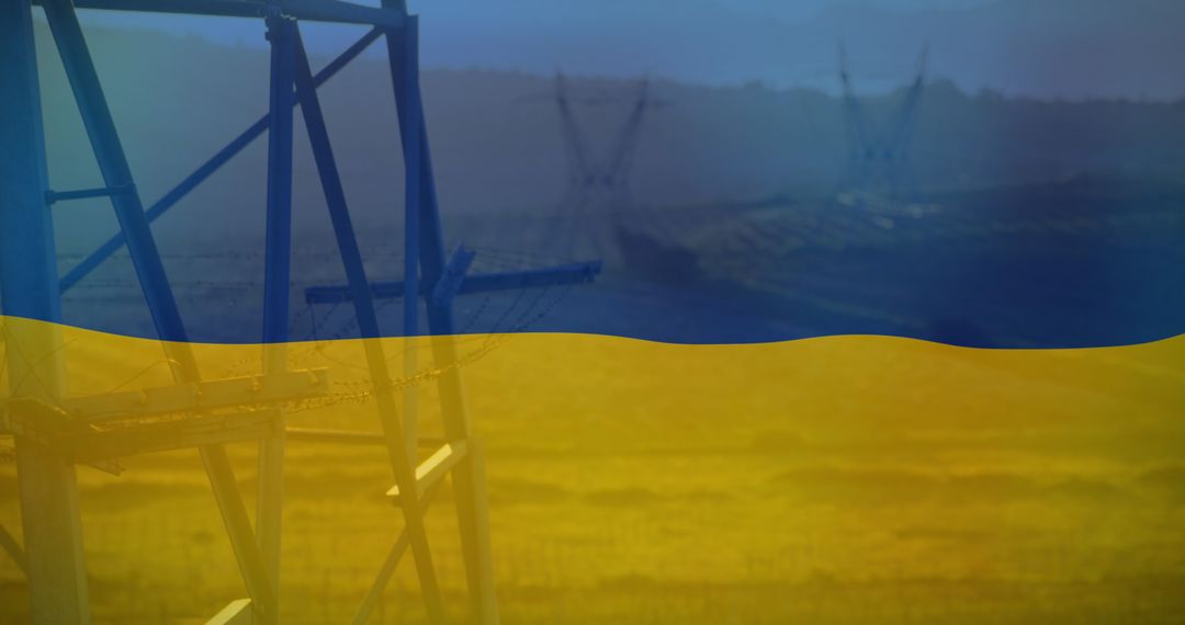 Electricity Poles in Field Merging with Ukraine Flag
