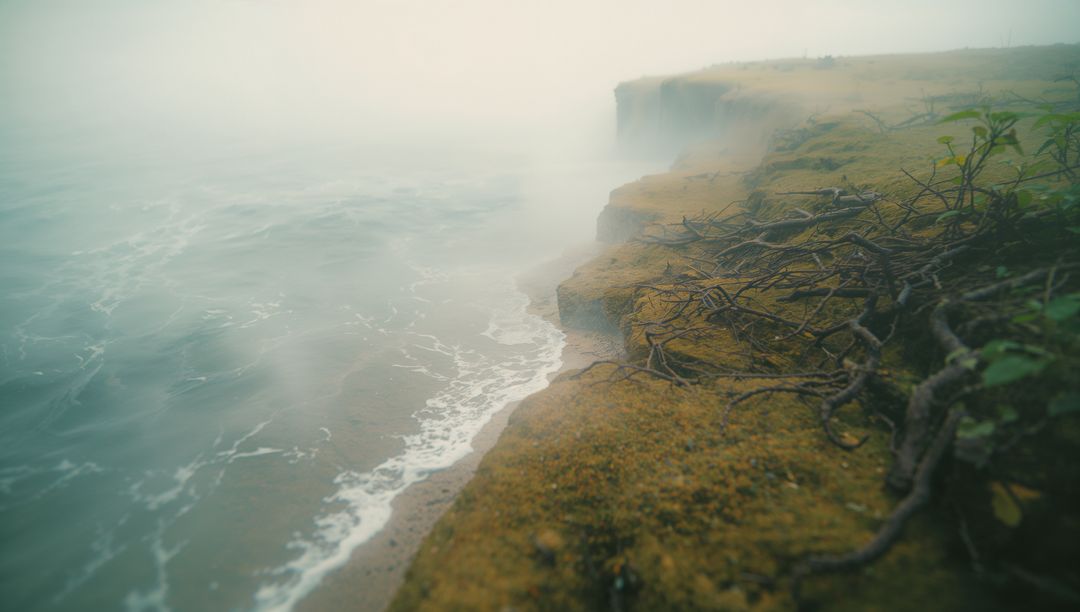 Eroded Coastal Cliff with Twisted Roots in Thick Fog