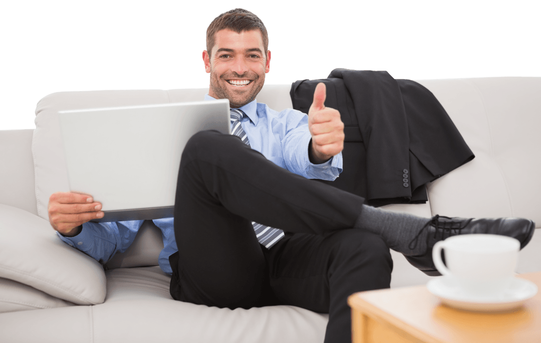 Confident Businessman on Sofa Giving Thumbs Up with Transparent Background