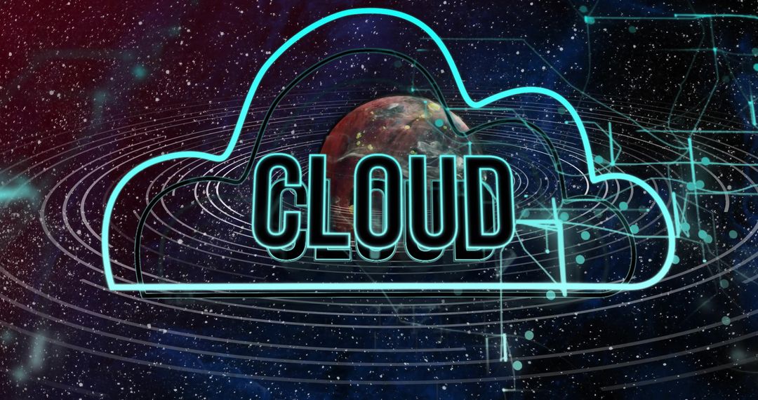 Futuristic Neon Cloud with Ringed Planet and Digital Features