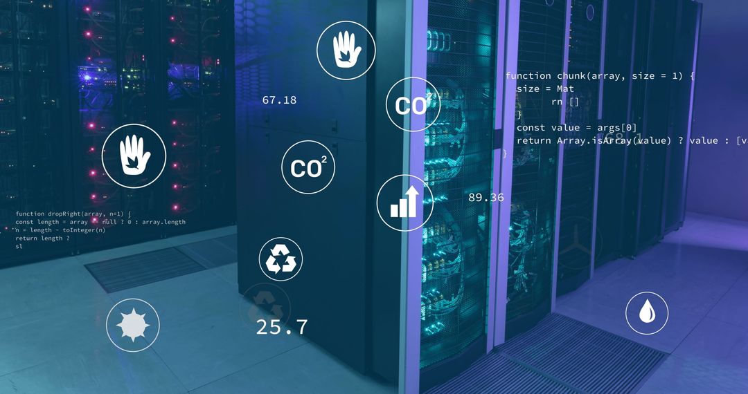 Eco Icons Overlay on Data Center with Green Technology Interface