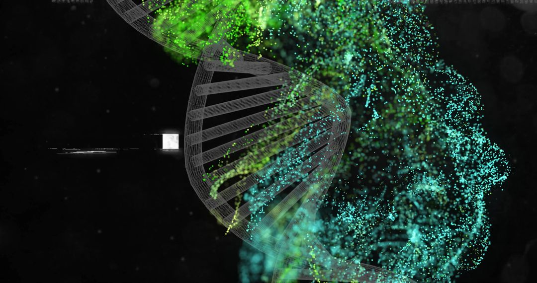 3D DNA Strand with Green and Blue Particles