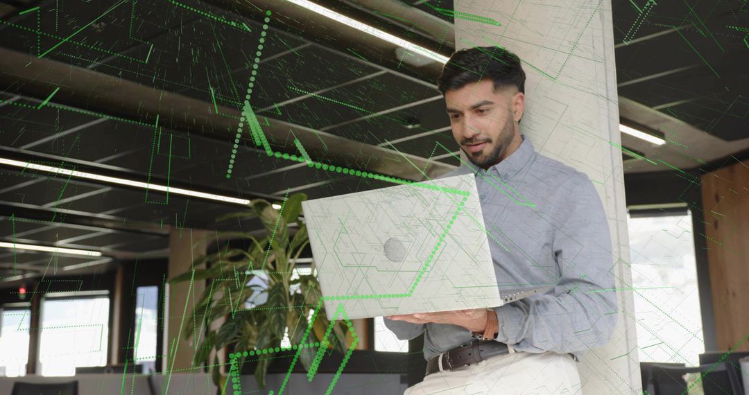 Business Professional Analyzing Data with Digital Overlay in Corporate Office