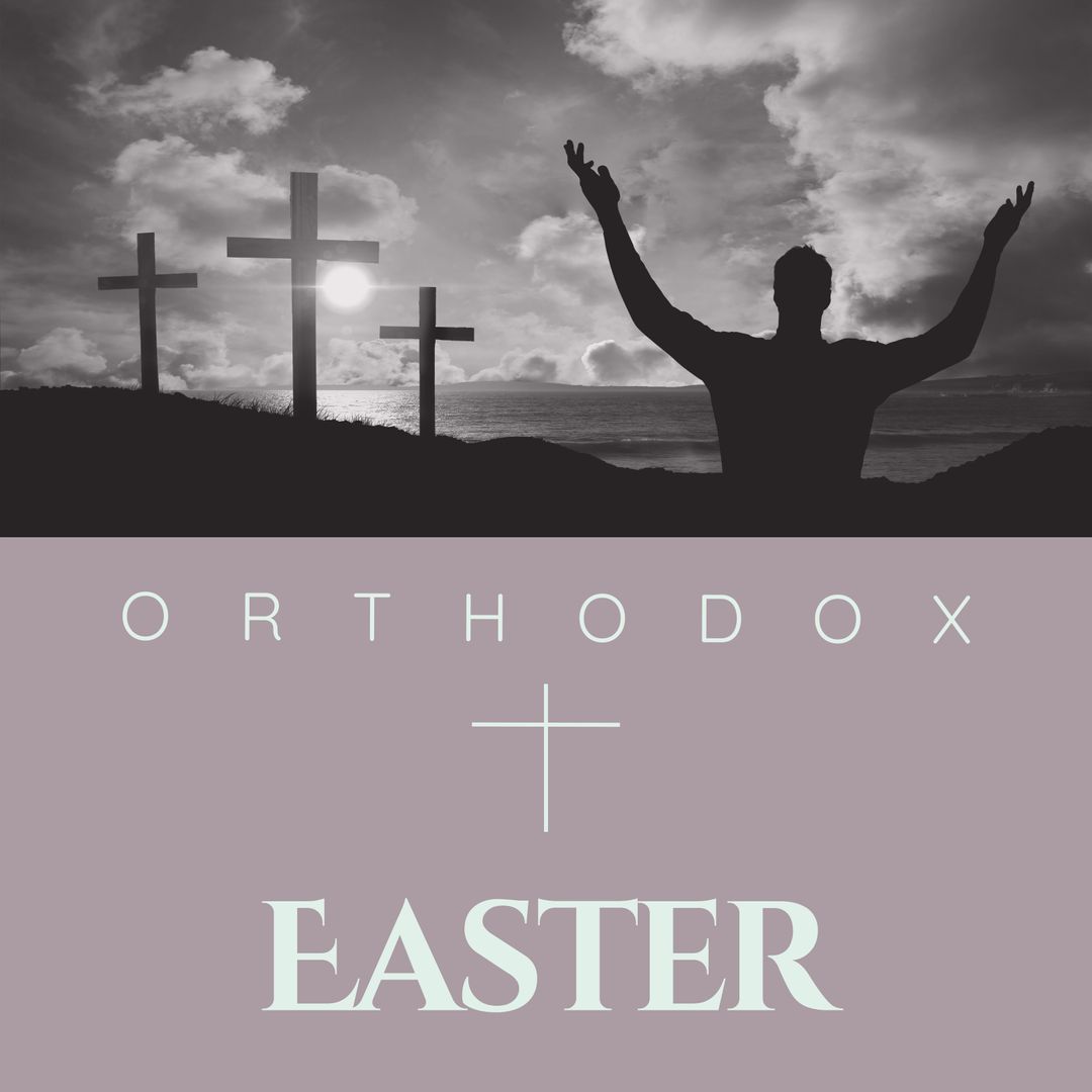 Orthodox Easter Celebration with Raised Arms Silhouette and Crosses