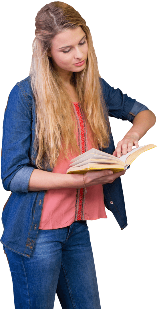 Transparent Background Student Reading Book in Casual Outfit