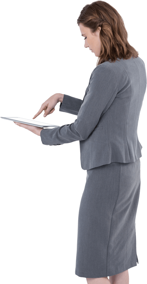 Transparent Businesswoman Using Tablet Focused Side View