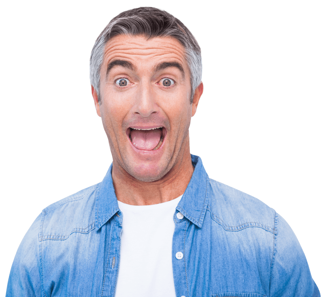 Excited Middle-Aged Man Laughing with Mouth Open, Transparent Background