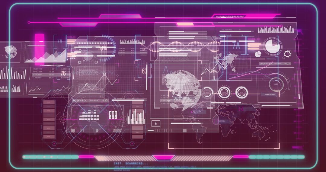 Futuristic Data Interface with Maps and Analytics Screens