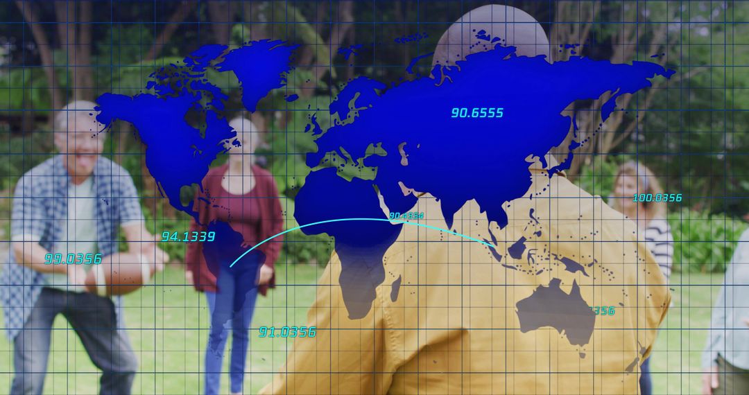 Seniors Standing and Socializing in Park with Global Digital Map Overlay