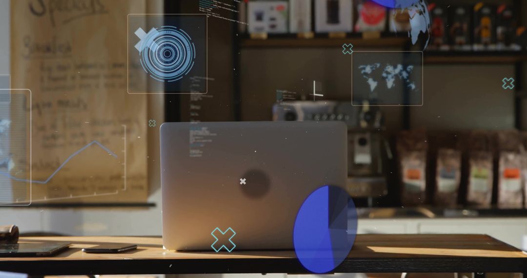 Metallic Laptop Resting on Cafe Counter with Augmented Reality HUD and Analytics Overlay