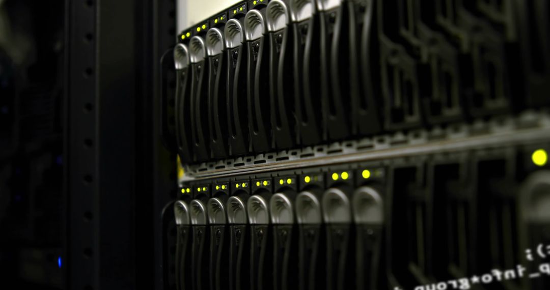 Close-Up of LED-Lit Computer Server in Data Center