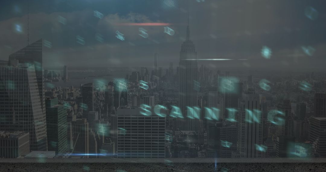 Cyber Security Scanning Overlay on Modern Cityscape