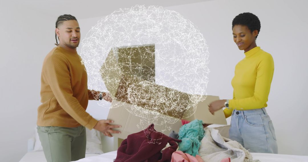 Couple unpacking and sorting clothes with futuristic neural network hologram over bed