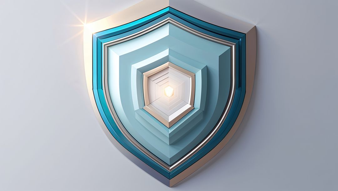 3D Metallic Pentagon Shield with Central Glow and Lens Flare