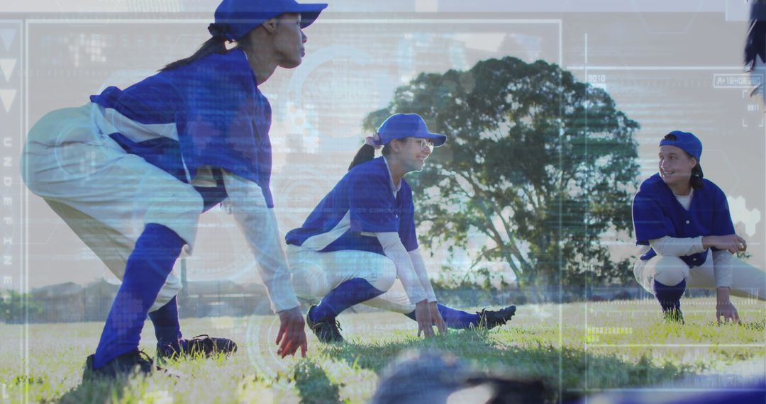 Diverse Female Rugby Players with Digital Interface Overlay