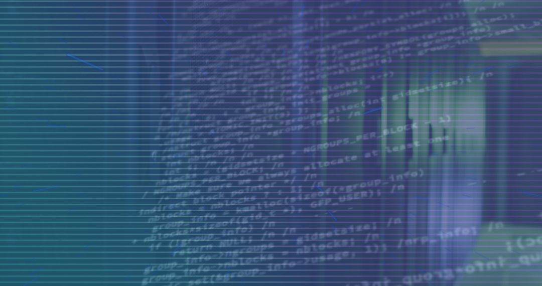 Digital Code Overlay on Server Room for Technology Concept