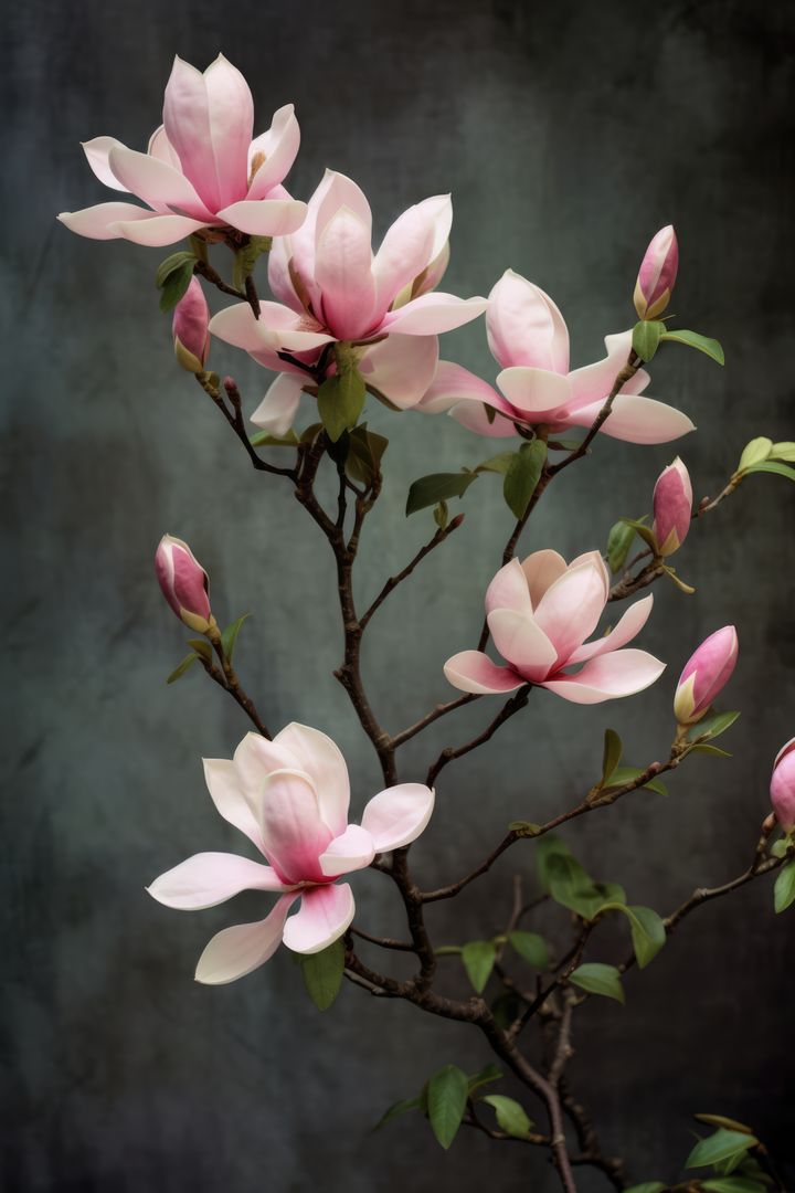 Pink magnolia flowers on grey background, created using generative ai technology - Free Images, Stock Photos and Pictures on Pikwizard.com