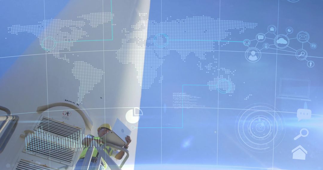 Technician Inspecting Wind Turbine with Digital Interface Overlay
